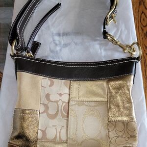 Coach Patchwork Metallic and Signature Canvas Shoulder Bag - Gold/Brown